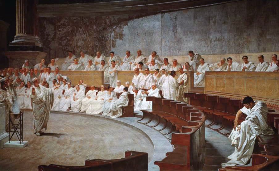 zur Vergrößerungsansicht des Bildes: Titelbild Geschichte der Philosophie: Cicero denounces Catiline, by Cesare Maccari (public domain)