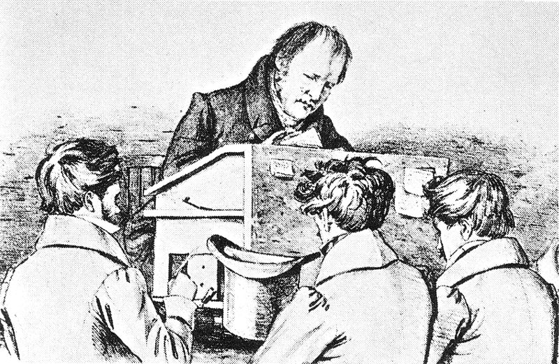 zur Vergrößerungsansicht des Bildes: Lithographie von Franz Kugler: Hegel und seine Studenten 