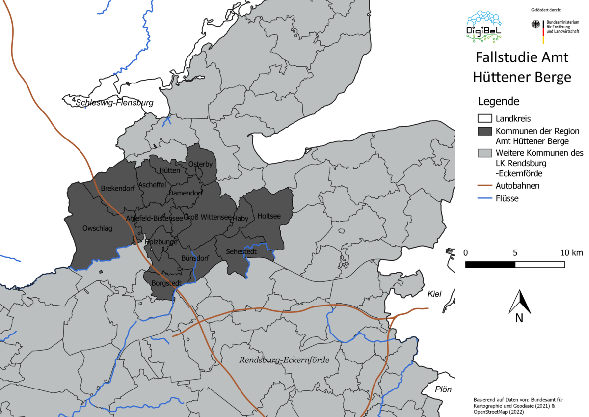zur Vergrößerungsansicht des Bildes: Karte des Amtes Hüttener Berge (Gemeindegliederung) in Schleswig-Holstein.