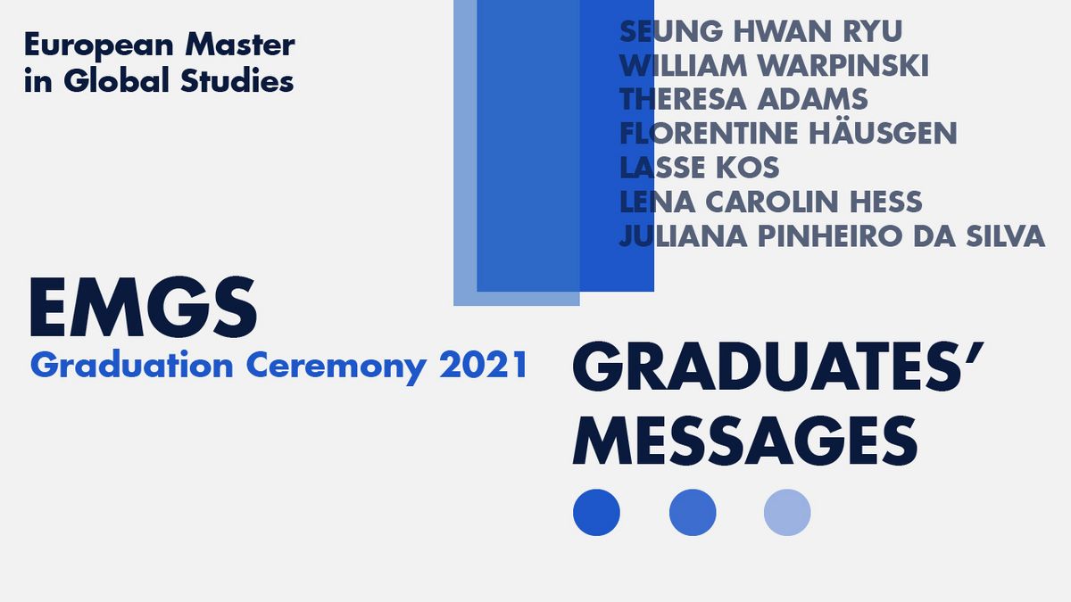 zur Vergrößerungsansicht des Bildes: Video-Miniaturansicht mit dem Text "EMGS Graduation Ceremony 2021 Graduates' Messages" neben der Liste der Schüler, die ihre Botschaften vorgetragen haben.