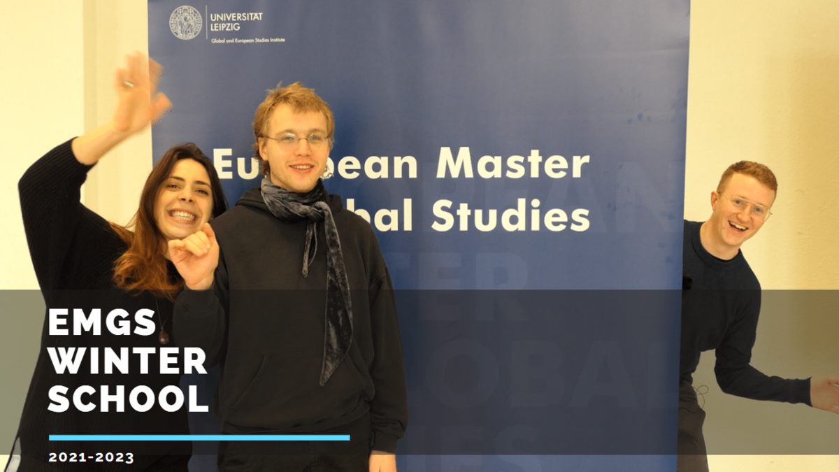 enlarge the image: Video thumbnail showing three smiling students who attended the Winter School 2021 with a text that reads "EMGS Winter School 2021-2023".
