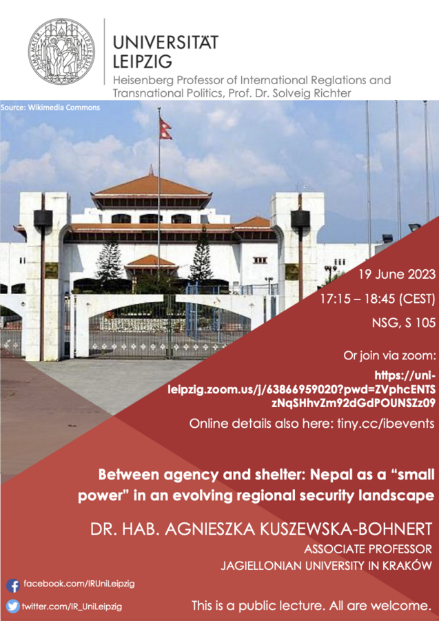 zur Vergrößerungsansicht des Bildes: Zu sehen ist ein Flyer für eine Veranstaltung zum Thema: Between Agency and Shelter: Nepal as a "Small Power" in an Evolving Regional Security Landscape