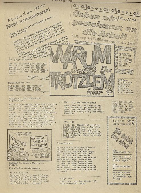 zur Vergrößerungsansicht des Bildes: Beitrag aus der "public": eine anonymisierte Umfrage auf der Montagsdemo vom 16. Oktober 1989, auf der 120.000 Menschen demonstrierten (Oktober 1989). Repros: Stefan Schwarz