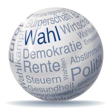 Kugel mit Stichworten wie "Wahl", "Demokratie", "Rente", Steuern", "Politik" etc.