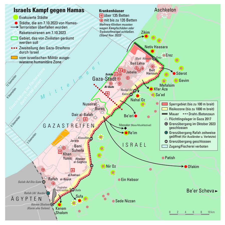 enlarge the image: Zu sehen ist eine Landkarte des Gaza-Streifens vom Oktober 2023. Eingezeichnet sind Krankenhäuser, militärische Sperrzonen und die Stätten des Angriffs der Hamas-Terroristen in Israel.