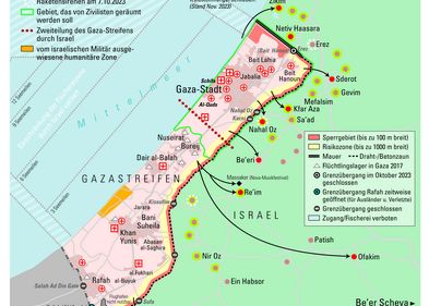 Die Karte ist zuerst erschienen in: "Einsichten und Perspektiven", Bayerische Zeitschrift für Politik und Gesichte. Karte: Peter Palm, Berlin Zu sehen ist eine Landkarte des Gaza-Streifens vom Oktober 2023. Eingezeichnet sind Krankenhäuser, militärische Sperrzonen und die Stätten des Angriffs der Hamas-Terroristen in Israel.