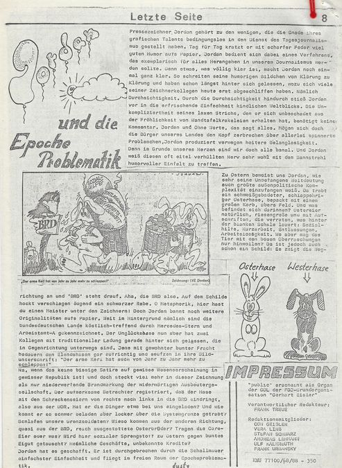 zur Vergrößerungsansicht des Bildes: Beitrag aus der "public": Kritik an einer propagandistischen LVZ-Karikatur (Mai 1988). Repros: Stefan Schwarz