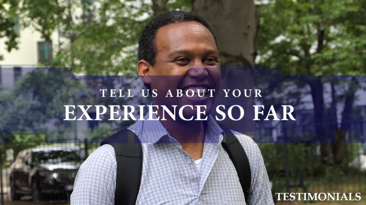 enlarge the image: Video thumbnail portraying a smiling student from Addis Ababa University with the caption that reads "Tell us about your experience so far" and the word "Testimonials" on the lower right side.