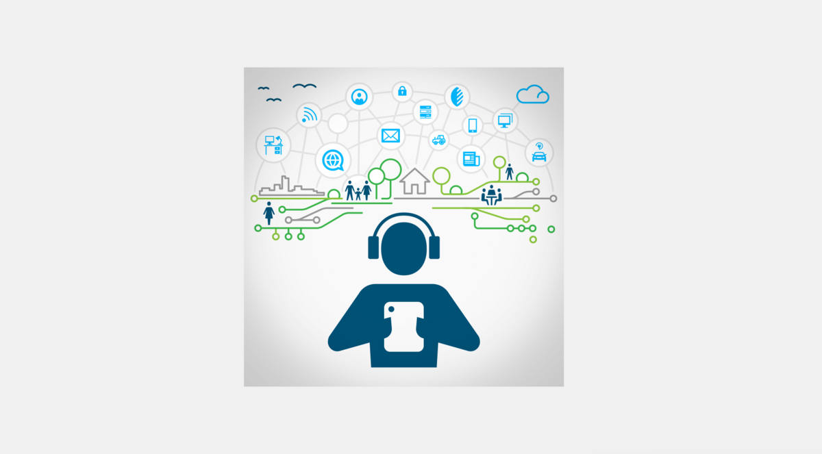 enlarge the image: A stick figure with headphones can be seen against a white-grey background. She is holding a smartphone in her hand. Many symbols in blue and green can be seen above her head.