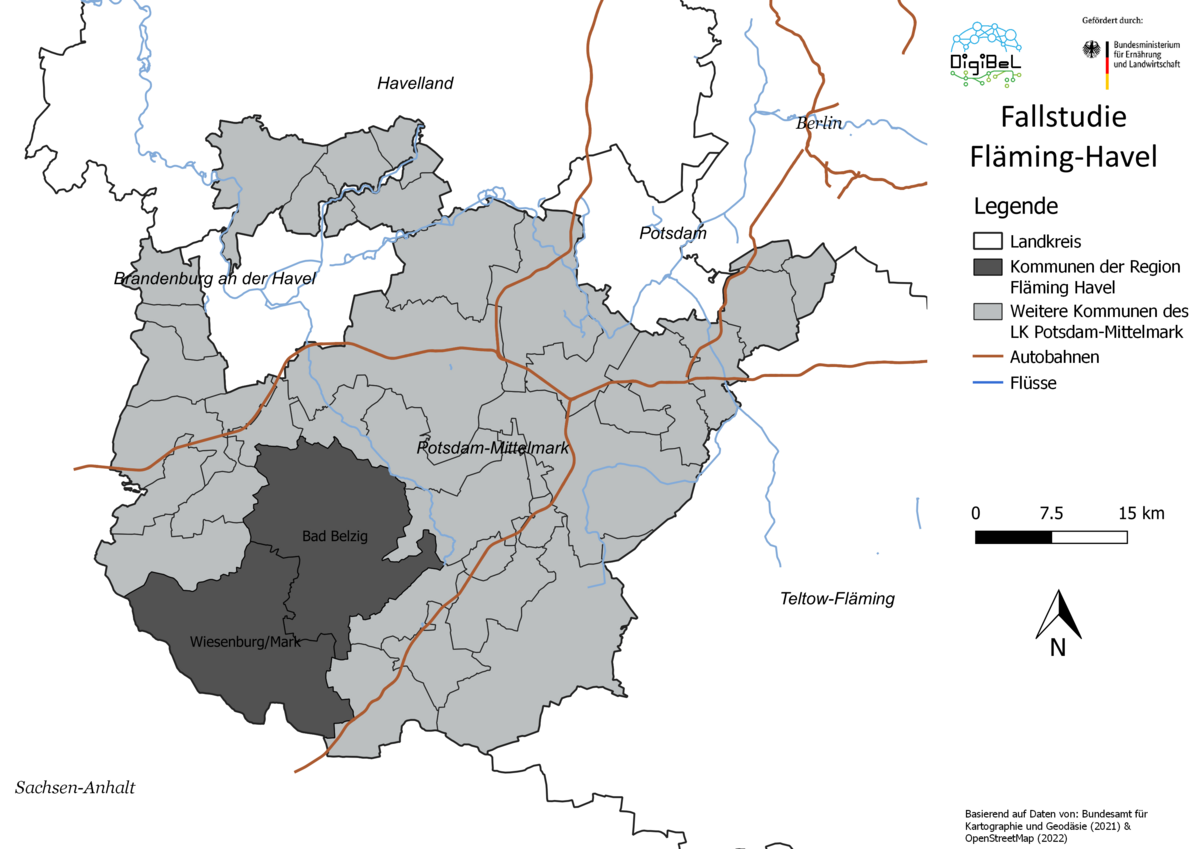 zur Vergrößerungsansicht des Bildes: Karte desr LEADER‐Region Fläming‐Havel in Brandenburg.