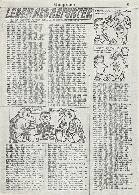 zur Vergrößerungsansicht des Bildes: Beitrag aus der "public": Interview mit einem Reporter-Duo der DDR-Wochenzeitung "Sonntag" (November 1988). Repro: Stefan Schwarz