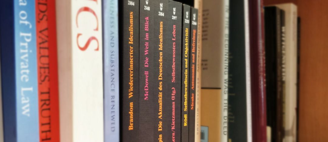 Die Buchreihe ‚Analytischer Deutscher Idealismus‘ in einem Bücherregal, Foto: Thaddäus Naß