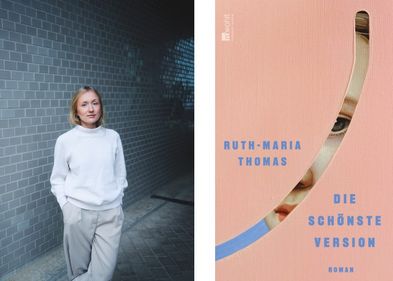Ruth-Maria Thomas, Foto: Urban Zintel Fotocollage: linke Bildhälfte Farbporträt von Ruth-Maria Thomas, rechte Bildhälfte Buchcover des Romans "Die schönste Version" von Ruth-Maria Thomas